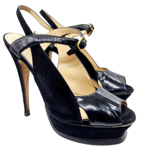 YSL YVES SAINT LAURENT Black Suede Open-toe Platform Heels Size 40.5 #178616 - Picture 1 of 15
